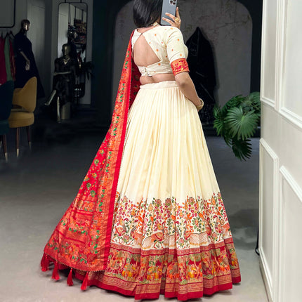 Lorenvalley Off White Tussar Silk Printed With Foil Work Lehenga Choli with Dupatta