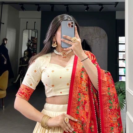 Lorenvalley Off White Tussar Silk Printed With Foil Work Lehenga Choli with Dupatta