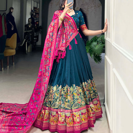 Lorenvalley Teal Tussar Silk Printed With Foil Work Lehenga Choli with Dupatta