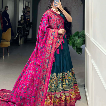 Lorenvalley Teal Tussar Silk Printed With Foil Work Lehenga Choli with Dupatta