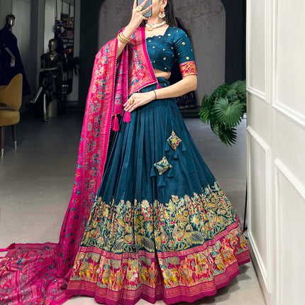 Lorenvalley Teal Tussar Silk Printed With Foil Work Lehenga Choli with Dupatta