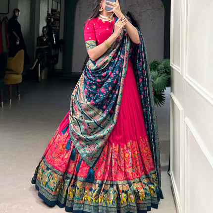 Lorenvalley Pink Tussar Silk Printed With Foil Work Lehenga Choli with Dupatta