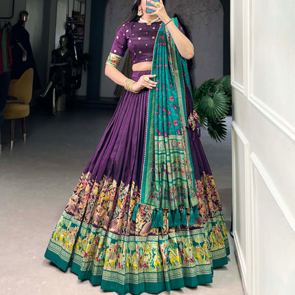 Lorenvalley Purple Tussar Silk Printed With Foil Work Lehenga Choli with Dupatta