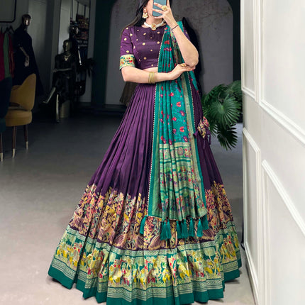 Lorenvalley Purple Tussar Silk Printed With Foil Work Lehenga Choli with Dupatta