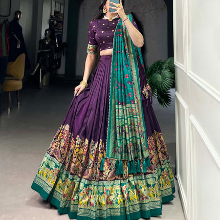 Lorenvalley Purple Tussar Silk Printed With Foil Work Lehenga Choli with Dupatta