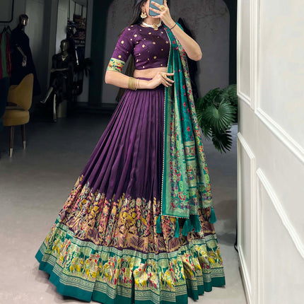 Lorenvalley Purple Tussar Silk Printed With Foil Work Lehenga Choli with Dupatta