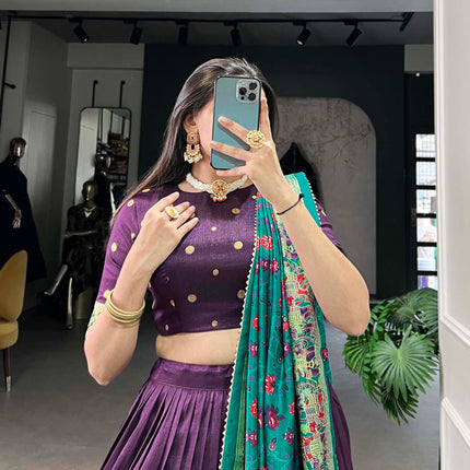 Lorenvalley Purple Tussar Silk Printed With Foil Work Lehenga Choli with Dupatta