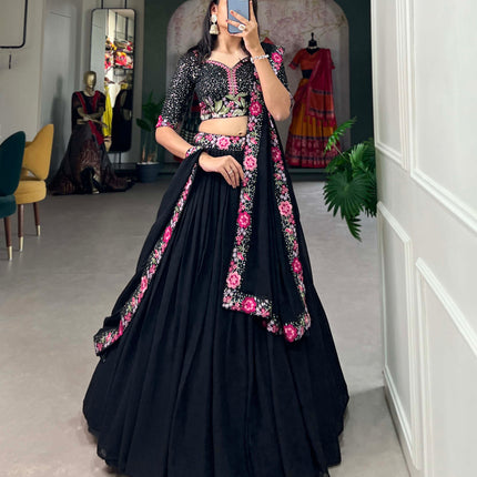 Lorenvalley Black Georgette Plain with Sequins and Thread Embroidery Work Belt Lehenga Choli with Dupatta