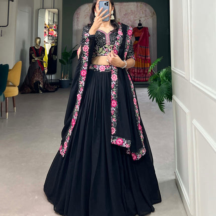 Lorenvalley Black Georgette Plain with Sequins and Thread Embroidery Work Belt Lehenga Choli with Dupatta