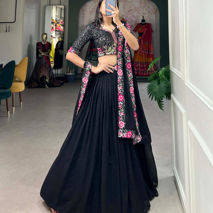 Lorenvalley Black Georgette Plain with Sequins and Thread Embroidery Work Belt Lehenga Choli with Dupatta
