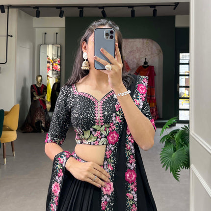 Lorenvalley Black Georgette Plain with Sequins and Thread Embroidery Work Belt Lehenga Choli with Dupatta