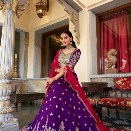 Lorenvalley Purple Vichitra Silk Sequins and Thread Embroidery Work Lehenga Choli with Dupatta