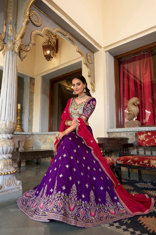 Lorenvalley Purple Vichitra Silk Sequins and Thread Embroidery Work Lehenga Choli with Dupatta