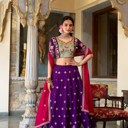 Lorenvalley Purple Vichitra Silk Sequins and Thread Embroidery Work Lehenga Choli with Dupatta