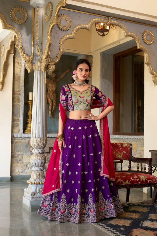 Lorenvalley Purple Vichitra Silk Sequins and Thread Embroidery Work Lehenga Choli with Dupatta