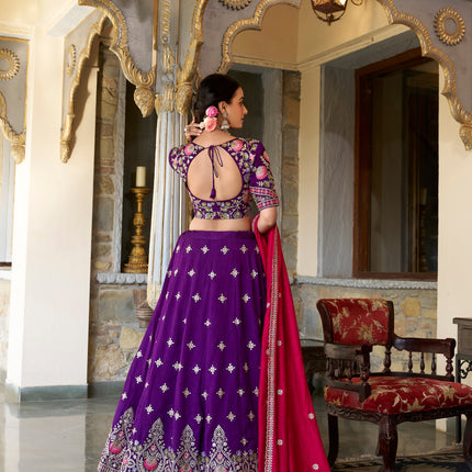 Lorenvalley Purple Vichitra Silk Sequins and Thread Embroidery Work Lehenga Choli with Dupatta