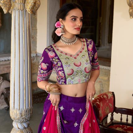 Lorenvalley Purple Vichitra Silk Sequins and Thread Embroidery Work Lehenga Choli with Dupatta