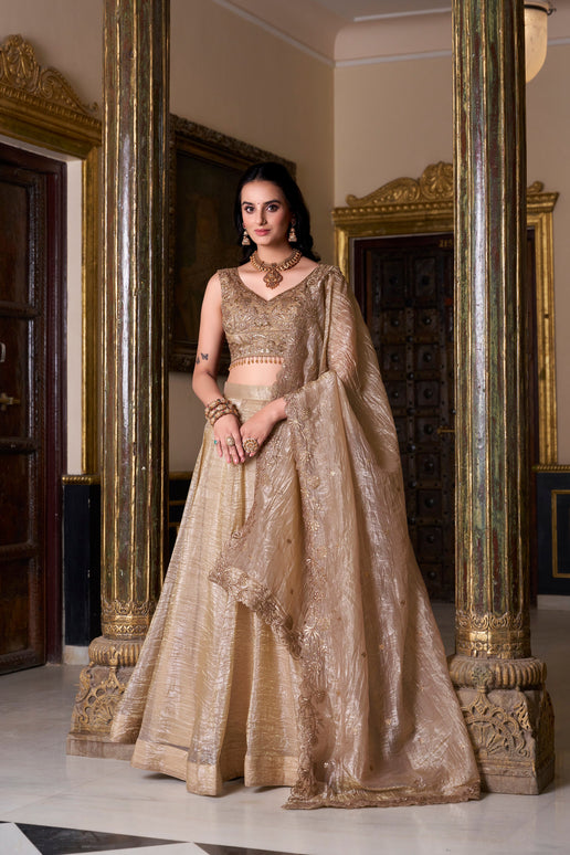 Lorenvalley Chiku Gold Crush Plain Lehenga Choli Embroidery Work with Dupatta
