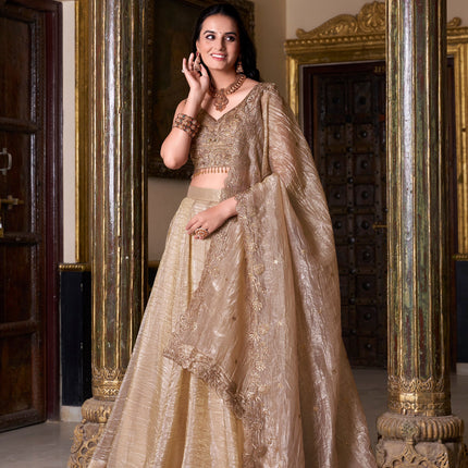 Lorenvalley Chiku Gold Crush Plain Lehenga Choli Embroidery Work with Dupatta