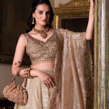Lorenvalley Chiku Gold Crush Plain Lehenga Choli Embroidery Work with Dupatta