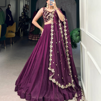 Lorenvalley Wine Organza Plain Lehenga Choli Embroidery Work with Dupatta