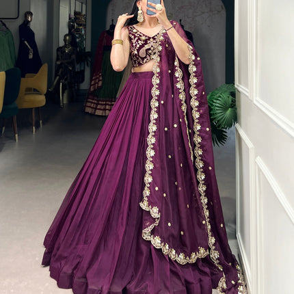 Lorenvalley Wine Organza Plain Lehenga Choli Embroidery Work with Dupatta