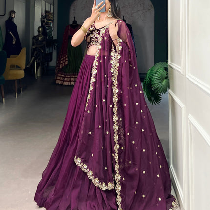 Lorenvalley Wine Organza Plain Lehenga Choli Embroidery Work with Dupatta