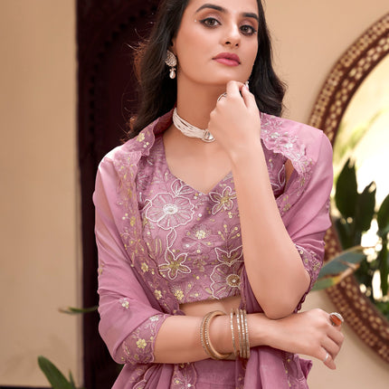 Lorenvalley Purple Vichitra Silk Embellishment With Pearl Coding And Sequins Embroidery Work Lehenga Choli with Dupatta