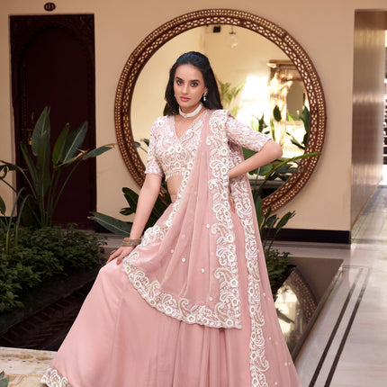 Lorenvalley Peach Weone Silk Embellishment With Pearl Coding And Sequins Embroidery Work Lehenga Choli with Dupatta