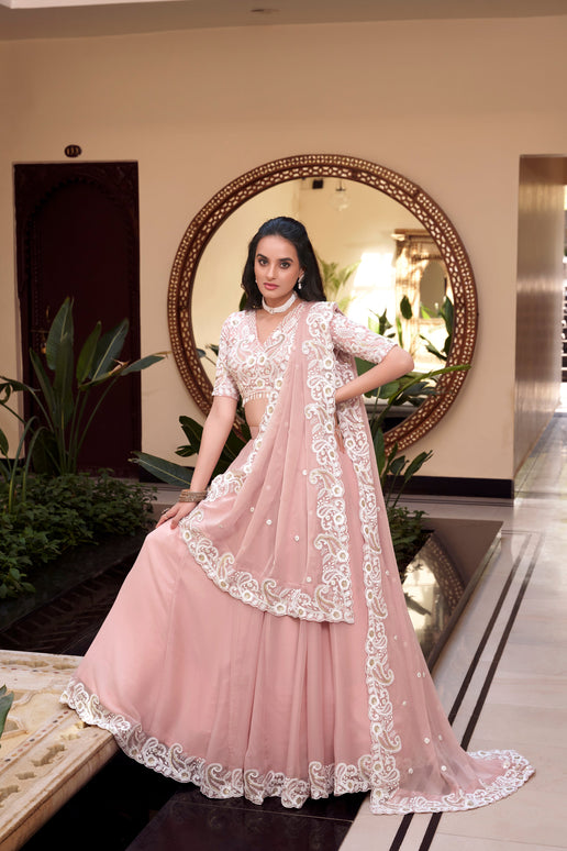 Lorenvalley Peach Weone Silk Embellishment With Pearl Coding And Sequins Embroidery Work Lehenga Choli with Dupatta