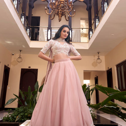 Lorenvalley Peach Weone Silk Embellishment With Pearl Coding And Sequins Embroidery Work Lehenga Choli with Dupatta