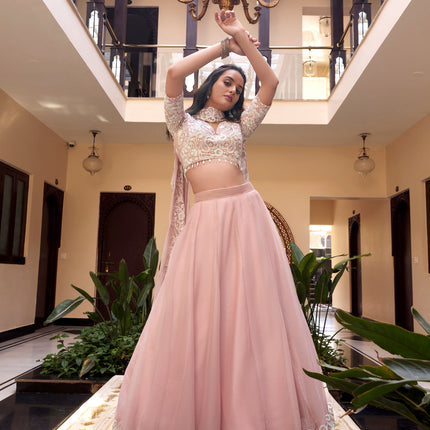 Lorenvalley Peach Weone Silk Embellishment With Pearl Coding And Sequins Embroidery Work Lehenga Choli with Dupatta