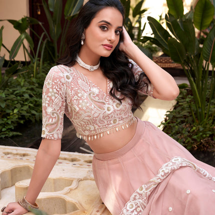 Lorenvalley Peach Weone Silk Embellishment With Pearl Coding And Sequins Embroidery Work Lehenga Choli with Dupatta