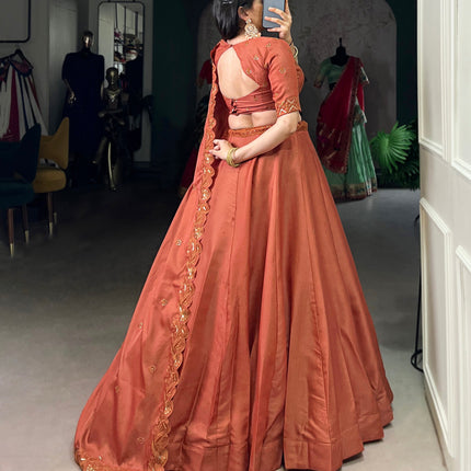 Lorenvalley Orange Pure Tussar Sequins and Thread Embroidery Work Belt Lehenga Choli with Dupatta
