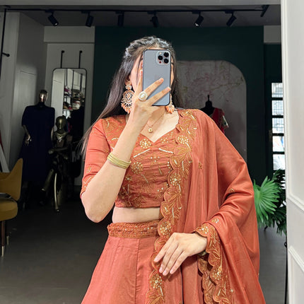 Lorenvalley Orange Pure Tussar Sequins and Thread Embroidery Work Belt Lehenga Choli with Dupatta