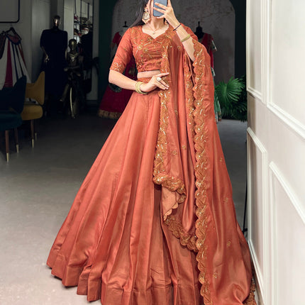 Lorenvalley Orange Pure Tussar Sequins and Thread Embroidery Work Belt Lehenga Choli with Dupatta