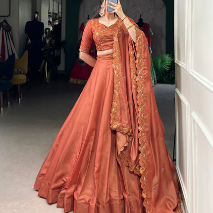 Lorenvalley Orange Pure Tussar Sequins and Thread Embroidery Work Belt Lehenga Choli with Dupatta