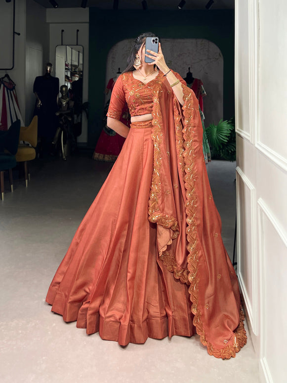 Lorenvalley Orange Pure Tussar Sequins and Thread Embroidery Work Belt Lehenga Choli with Dupatta