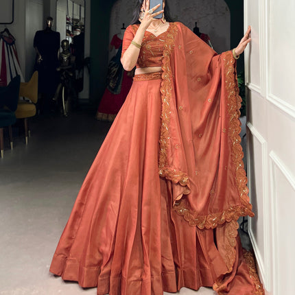 Lorenvalley Orange Pure Tussar Sequins and Thread Embroidery Work Belt Lehenga Choli with Dupatta