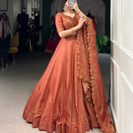Lorenvalley Orange Pure Tussar Sequins and Thread Embroidery Work Belt Lehenga Choli with Dupatta