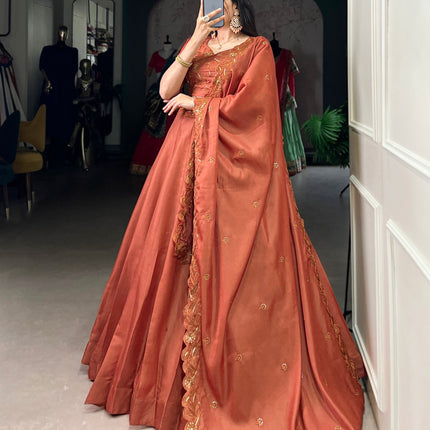 Lorenvalley Orange Pure Tussar Sequins and Thread Embroidery Work Belt Lehenga Choli with Dupatta