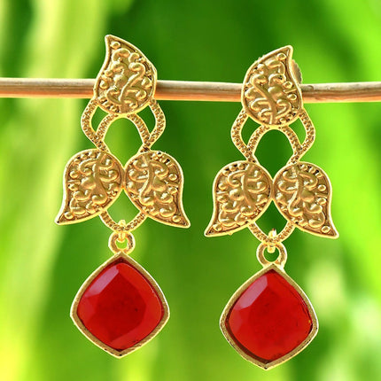 Joban Fashion Women Red Stone Matte Gold Earrings