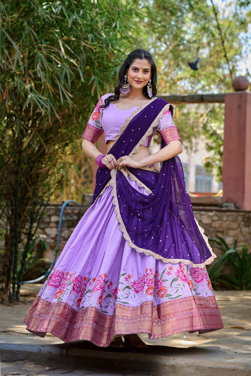 Lorenvalley Fashion Lavender Cotton Silk Thread Embroidery Work Lehenga Choli with Dupatta