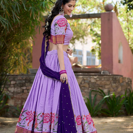 Lorenvalley Fashion Lavender Cotton Silk Thread Embroidery Work Lehenga Choli with Dupatta