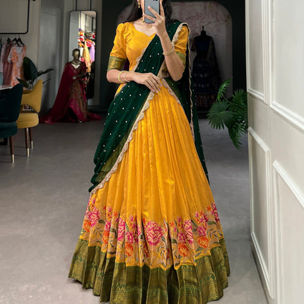 Lorenvalley Fashion Mustard Cotton Silk Thread Embroidery Work Lehenga Choli with Dupatta