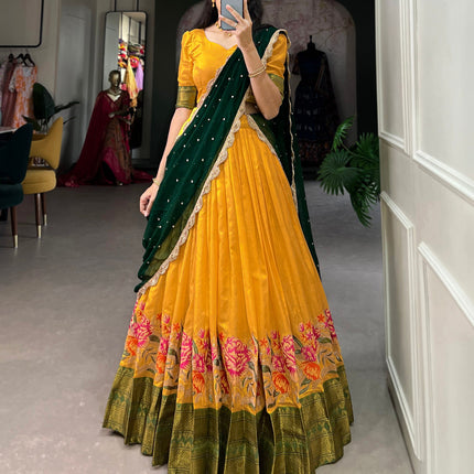 Lorenvalley Fashion Mustard Cotton Silk Thread Embroidery Work Lehenga Choli with Dupatta