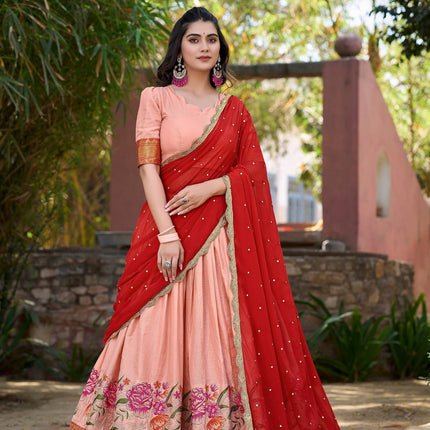 Lorenvalley Fashion Peach Cotton Silk Thread Embroidery Work Lehenga Choli with Dupatta