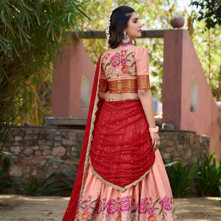 Lorenvalley Fashion Peach Cotton Silk Thread Embroidery Work Lehenga Choli with Dupatta
