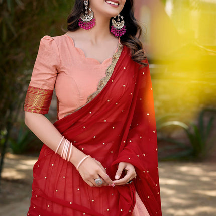 Lorenvalley Fashion Peach Cotton Silk Thread Embroidery Work Lehenga Choli with Dupatta