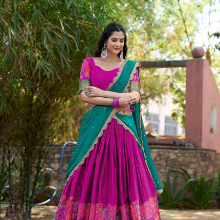 Lorenvalley Fashion Pink Cotton Silk Thread Embroidery Work Lehenga Choli with Dupatta